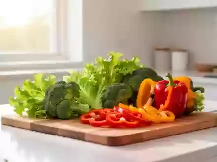 Frisches Gemüse wie Salat und Paprika auf einem hölzernen Schneidebrett in einer hellen Küche bei Tageslicht. - Foto: über boerse-global.de