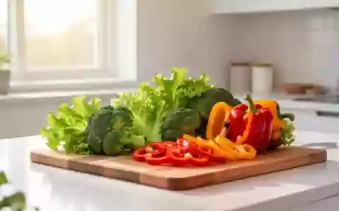 Frisches Gemüse wie Salat und Paprika auf einem hölzernen Schneidebrett in einer hellen Küche bei Tageslicht. - Foto: über boerse-global.de