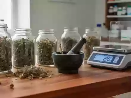 Verschiedene Heilkräuter in Glasgefäßen und ein Mörser auf einem Holztisch in einer Apotheke. - Foto: über boerse-global.de