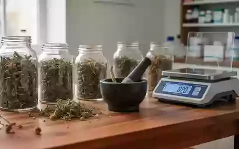Verschiedene Heilkräuter in Glasgefäßen und ein Mörser auf einem Holztisch in einer Apotheke. - Foto: über boerse-global.de