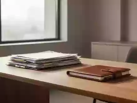 Ein aufgeräumter Schreibtisch mit Aktenordnern und einem Notizbuch in einem modernen Bürogebäude bei Tageslicht. - Foto: über boerse-global.de