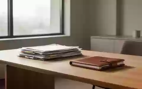 Ein aufgeräumter Schreibtisch mit Aktenordnern und einem Notizbuch in einem modernen Bürogebäude bei Tageslicht. - Foto: über boerse-global.de