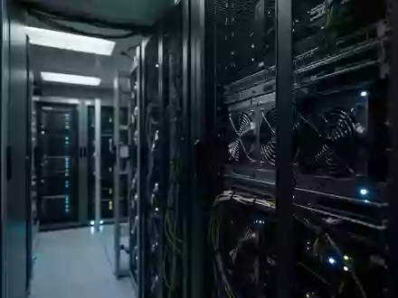 Dunkler Serverraum mit beleuchteten Server-Racks in einer minimalistischen, technologischen Umgebung. - Foto: über boerse-global.de