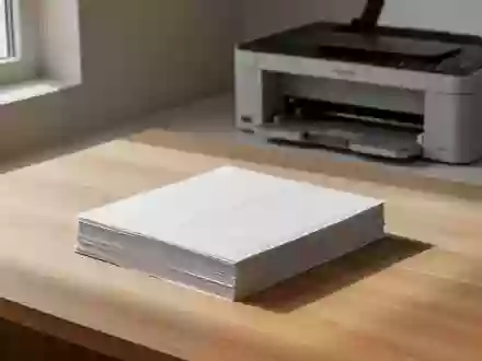 Ein Stapel leerer Etikettenbögen auf einem hellen Holztisch neben einem unbenutzten Laserdrucker bei natürlichem Licht. - Foto: über boerse-global.de