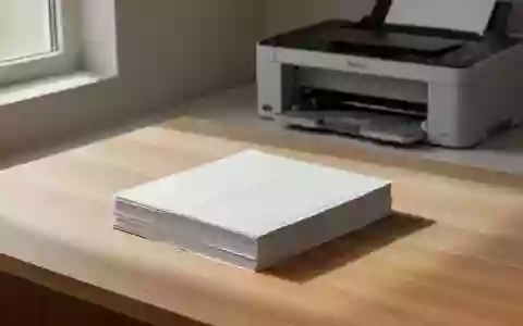 Ein Stapel leerer Etikettenbögen auf einem hellen Holztisch neben einem unbenutzten Laserdrucker bei natürlichem Licht. - Foto: über boerse-global.de