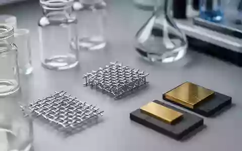 Nahaufnahme einer Laborumgebung mit elektrochemischen Forschungsmaterialien und metallischen Mikrostrukturen auf einer neutralen Fläche. - Foto: über boerse-global.de