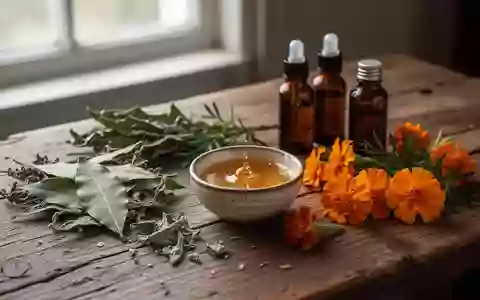Natürliche Zutaten für Heilmittel wie Ringelblumen, Lorbeerblätter und Honig auf einem Holztisch. - Foto: über boerse-global.de