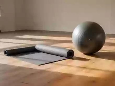 Eine leere Trainingsmatte und ein Gymnastikball in einem hellen, minimalistischen Studio mit Holzboden. - Foto: über boerse-global.de