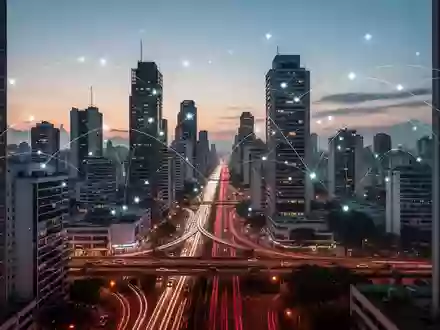 Eine weitläufige Aufnahme einer modernen Stadtlandschaft in der Abenddämmerung, die globale Konnektivität symbolisiert. - Foto: über boerse-global.de