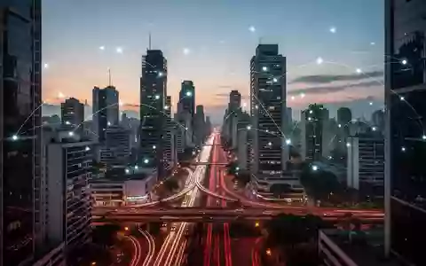 Eine weitläufige Aufnahme einer modernen Stadtlandschaft in der Abenddämmerung, die globale Konnektivität symbolisiert. - Foto: über boerse-global.de