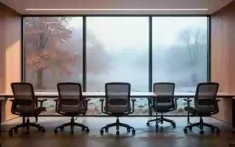 Leerer, minimalistischer Büroraum mit ergonomischen Stühlen vor großen Fenstern und Blick auf eine kühle Herbstlandschaft. - Foto: über boerse-global.de