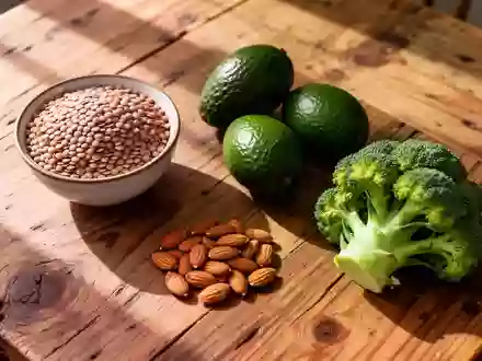 Eine Auswahl gesunder Lebensmittel wie Linsen, Avocados, Mandeln und Brokkoli auf einem rustikalen Holztisch. - Foto: über boerse-global.de