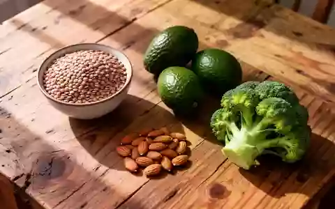 Eine Auswahl gesunder Lebensmittel wie Linsen, Avocados, Mandeln und Brokkoli auf einem rustikalen Holztisch. - Foto: über boerse-global.de