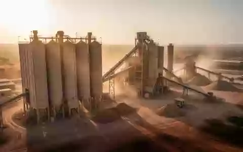Moderne Zementfabrik mit Silos und Förderbändern bei Sonnenuntergang. - Foto: über boerse-global.de