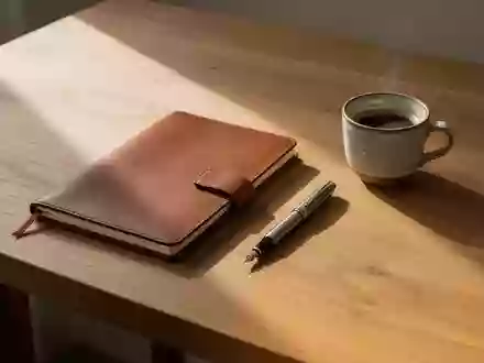 Ein minimalistischer Schreibtisch aus Eichenholz mit einem Notizbuch und einer Kaffeetasse in natürlichem Morgenlicht. - Foto: über boerse-global.de