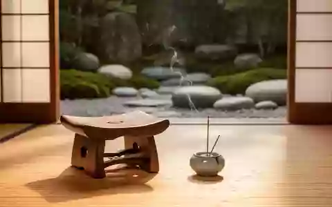 Ein minimalistischer, friedlicher Raum mit einem Holzhocker und einem Räuchergefäß vor einem Zen-Garten. - Foto: über boerse-global.de