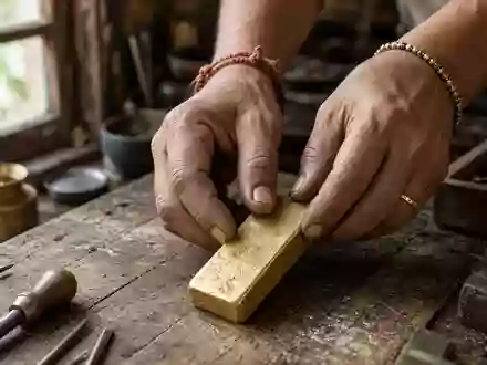 Nahaufnahme von Händen, die einen Goldbarren in einer traditionellen indischen Werkstatt halten. - Foto: über boerse-global.de