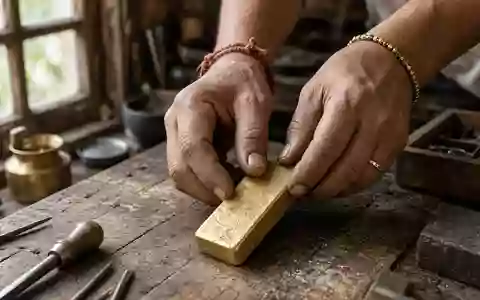 Nahaufnahme von Händen, die einen Goldbarren in einer traditionellen indischen Werkstatt halten. - Foto: über boerse-global.de