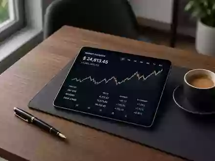 Ein minimalistischer Schreibtisch mit einem Tablet, das abstrakte Börsentrends zeigt, in einer professionellen Umgebung. - Foto: über boerse-global.de