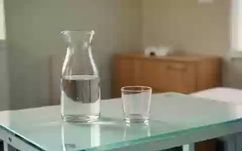 Ein heller, minimalistischer medizinischer Untersuchungsraum mit einem Glas Wasser auf einer weißen Oberfläche. - Foto: über boerse-global.de