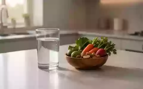 Ein Glas Wasser und eine Schale mit frischem Gemüse auf einer Küchenarbeitsplatte bei natürlichem Licht. - Foto: über boerse-global.de