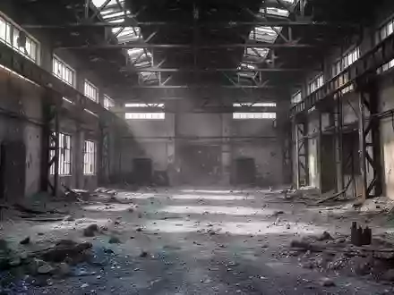 Ausgebrannte industrielle Lagerhalle mit betoniertem Boden und rußgeschwärzten Wänden nach einem Brandereignis. - Foto: über boerse-global.de