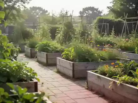 Ein sonniger Gemeinschaftsgarten mit Hochbeeten und einem gepflasterten Gehweg für Bewegung und gesundes Altern. - Foto: über boerse-global.de