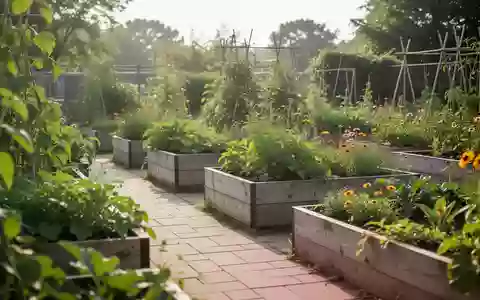 Ein sonniger Gemeinschaftsgarten mit Hochbeeten und einem gepflasterten Gehweg für Bewegung und gesundes Altern. - Foto: über boerse-global.de