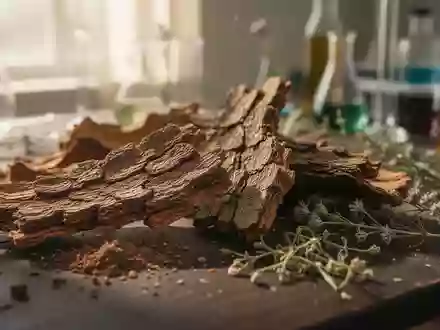 Nahaufnahme von getrockneter Baumrinde und pflanzlichen Extrakten auf einem Holztisch in einem Labor. - Foto: über boerse-global.de