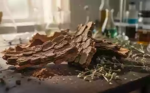 Nahaufnahme von getrockneter Baumrinde und pflanzlichen Extrakten auf einem Holztisch in einem Labor. - Foto: über boerse-global.de
