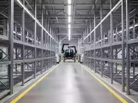 Moderne Montagehalle in einem Ingolstädter Automobilwerk mit industriellen Regalsystemen und markierten Bodenflächen. - Foto: über boerse-global.de