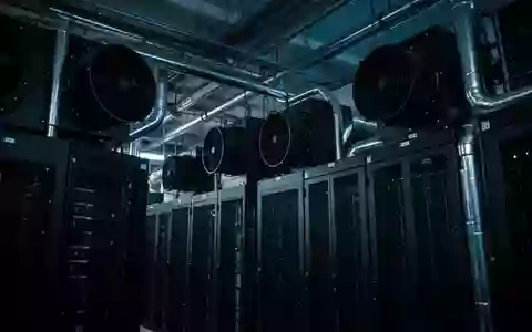 Industrielle Serverraum-Infrastruktur mit metallischen Lüftungsschächten und Rohrleitungen in kühlem blauem Licht. - Foto: über boerse-global.de