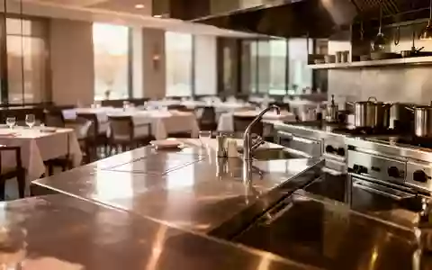 Eine moderne, unbesetzte Restaurantküche mit Edelstahlflächen und Blick in den Gastraum. - Foto: über boerse-global.de
