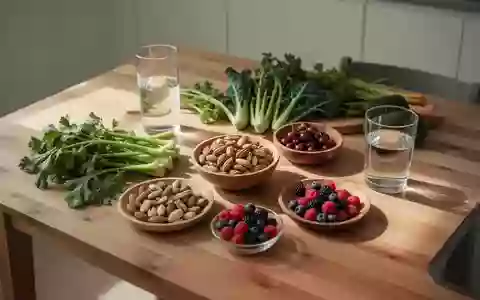 Frische, unverarbeitete Lebensmittel wie Gemüse, Nüsse und Beeren auf einem Holztisch bei natürlichem Tageslicht. - Foto: über boerse-global.de
