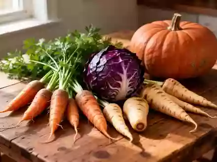 Frisches, saisonales Gemüse wie Karotten, Rotkohl und Kürbis auf einem hölzernen Küchentisch. - Foto: über boerse-global.de