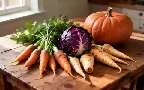 Frisches, saisonales Gemüse wie Karotten, Rotkohl und Kürbis auf einem hölzernen Küchentisch. - Foto: über boerse-global.de