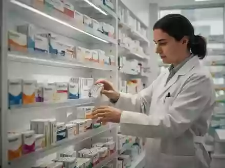 Apothekerin sortiert Medikamentenpackungen in einem modernen Apothekenregal. - Foto: über boerse-global.de