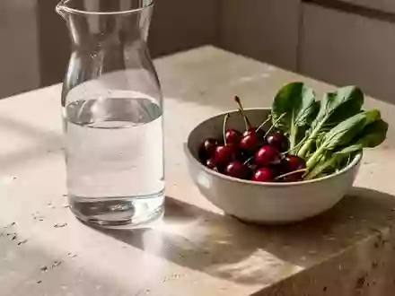 Ein minimalistisch gestalteter Küchentisch mit einer Glaskaraffe voll Wasser und frischem Gemüse sowie Obst. - Foto: über boerse-global.de