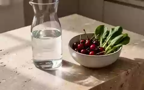 Ein minimalistisch gestalteter Küchentisch mit einer Glaskaraffe voll Wasser und frischem Gemüse sowie Obst. - Foto: über boerse-global.de