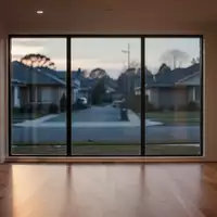 Ein leerer, modern eingerichteter Wohnraum mit großen Fenstern und Blick auf eine ruhige Straße bei Dämmerung. - Foto: über boerse-global.de