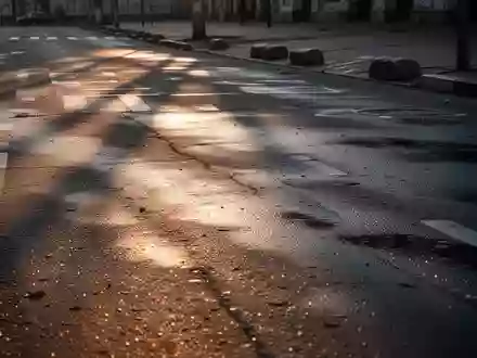 Eine menschenleere, nasse Asphaltstraße bei Morgendämmerung mit langen Schatten und verschwommenen Fahrbahnmarkierungen. - Foto: über boerse-global.de