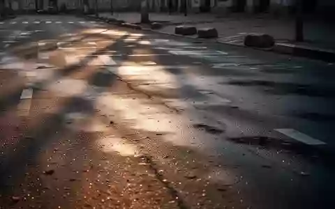 Eine menschenleere, nasse Asphaltstraße bei Morgendämmerung mit langen Schatten und verschwommenen Fahrbahnmarkierungen. - Foto: über boerse-global.de
