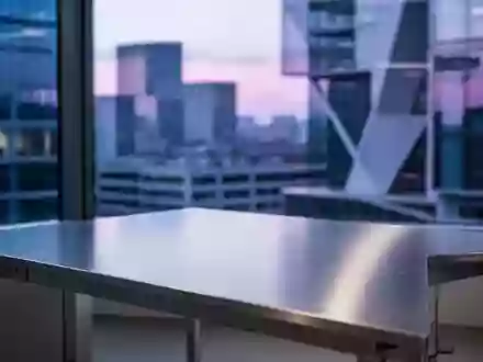 Ein minimalistischer, leerer Schreibtisch vor einem Fenster mit einer unscharfen, modernen Stadtlandschaft bei Dämmerung. - Foto: über boerse-global.de