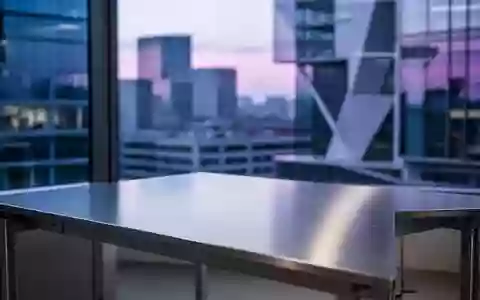 Ein minimalistischer, leerer Schreibtisch vor einem Fenster mit einer unscharfen, modernen Stadtlandschaft bei Dämmerung. - Foto: über boerse-global.de