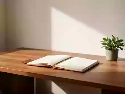 Ein aufgeräumter Schreibtisch mit einem leeren Notizbuch und einer kleinen Pflanze in einem hellen, sonnendurchfluteten Raum. - Foto: über boerse-global.de