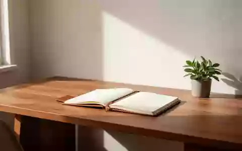 Ein aufgeräumter Schreibtisch mit einem leeren Notizbuch und einer kleinen Pflanze in einem hellen, sonnendurchfluteten Raum. - Foto: über boerse-global.de