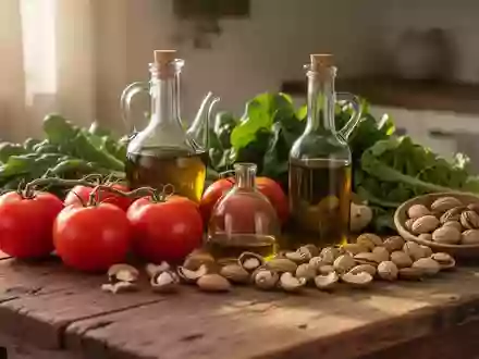 Frische mediterrane Lebensmittel wie Gemüse, Olivenöl und Nüsse auf einem Holztisch bei Tageslicht. - Foto: über boerse-global.de