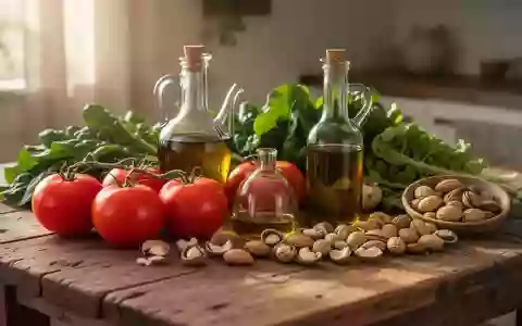 Frische mediterrane Lebensmittel wie Gemüse, Olivenöl und Nüsse auf einem Holztisch bei Tageslicht. - Foto: über boerse-global.de