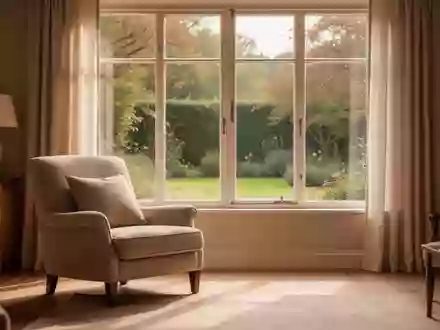 Ein ruhiger Wohnbereich mit einem bequemen Sessel vor einem Fenster mit Blick in einen Garten. - Foto: über boerse-global.de
