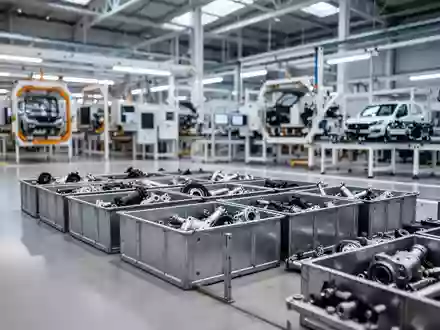 Moderne Fabrikhalle eines Automobilherstellers mit Metallbehältern voller Bauteile auf dem Boden. - Foto: über boerse-global.de